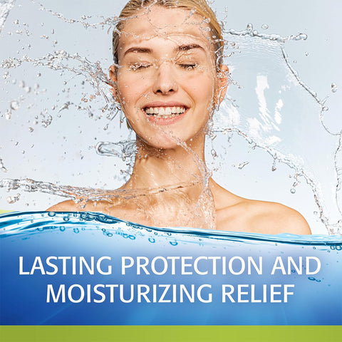 A woman smiles as water splashes on her face against a light blue background. Below, blue and green banners state: LASTING PROTECTION AND MOISTURIZING RELIEF, promoting Abbvies Refresh Relieva Preservative-Free Lubricant Eye Drops for dry eyes (30 single-use vials).