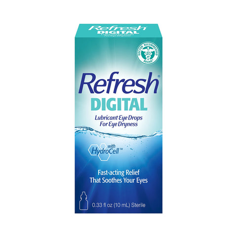 Abbvies REFRESH® DIGITAL Lubricant Eye Drops (10mL) provide fast-acting relief for digital eye strain and dryness. Featuring a teal design with water imagery, it offers Advanced Eye Hydration through HydroCell technology in a 0.33 fl oz sterile solution.