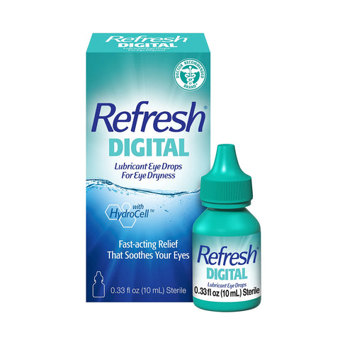 Image of a blue and white box labeled REFRESH® DIGITAL Lubricant Eye Drops (10mL) – Fast-Acting Relief for Digital Eye Strain next to a turquoise dropper bottle by Abbvie, designed for advanced eye hydration and soothing relief from digital eye strain with 0.33 fl oz (10 mL) sterile solution.