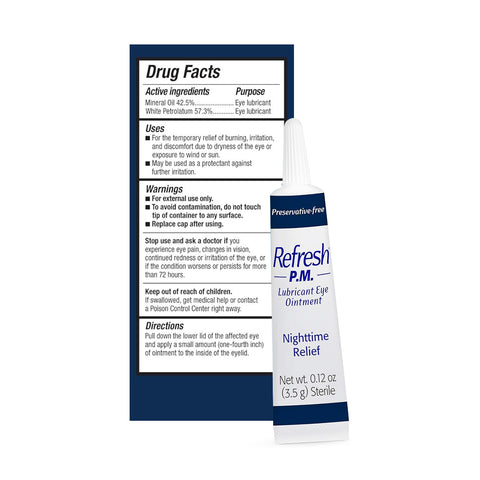 A box and tube of Refresh PM Lubricant Nighttime Eye Ointment (3.5g) by Abbvie are displayed, highlighting its preservative-free formula with drug facts, active ingredients, uses, warnings, and directions. The small white tube offers nighttime dry eye relief and is clearly labeled for easy identification.