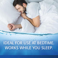 A man in a white bed wearing a t-shirt rests peacefully beside text that states, IDEAL FOR USE AT BEDTIME. WORKS WHILE YOU SLEEP. A blue watery design emphasizes nighttime dry eye relief with Refresh PM Lubricant Nighttime Eye Ointment by Abbvie, featuring a preservative-free formula.