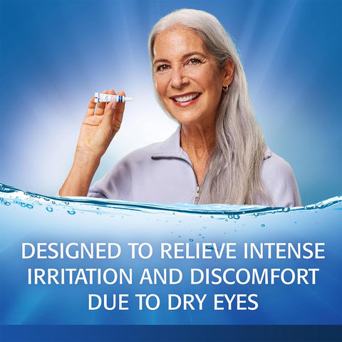 A smiling woman with long gray hair holds a tube of Refresh PM Lubricant Nighttime Eye Ointment by Abbvie. She stands against a blue background with a water splash at the bottom. Text reads, Designed to relieve intense irritation and discomfort due to dry eyes.