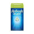 Box of Abbvies Refresh Relieva Eye Drops (10mL) with HydroCell Technology, artwork shows a water droplet on a blue and green background. Text says Lubricates and Protects Dry Irritated Eyes, volume is 0.33 fl oz (10 mL), sterile.