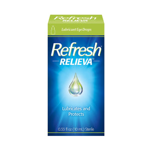 Box of Abbvies Refresh Relieva Eye Drops (10mL) with HydroCell Technology, artwork shows a water droplet on a blue and green background. Text says Lubricates and Protects Dry Irritated Eyes, volume is 0.33 fl oz (10 mL), sterile.
