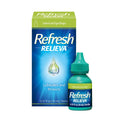 Image of a Refresh Relieva Eye Drops (10mL) box and bottle by Abbvie. The blue and green packaging, with a water drop graphic, highlights Lubricates and Protects. Featuring HydroCell Technology, the green bottle soothes dry, irritated eyes.