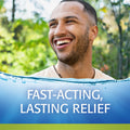 A man smiles amidst lush greenery. Below is a blue water-themed graphic promoting FAST-ACTING, LASTING RELIEF for dry, irritated eyes with Refresh Relieva Eye Drops (10mL) by Abbvie, powered by HydroCell Technology.