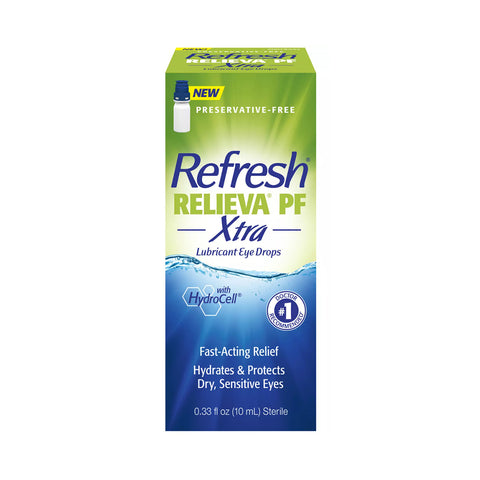 A 10mL bottle of Abbvies green and blue Refresh Relieva PF Xtra provides preservative-free relief with Hydrocell. Enhanced with trehalose for advanced hydration, its designed for fast-acting comfort.
