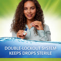 A curly-haired woman in a light blue shirt holds a small bottle and dropper against a green background. Text reads, Refresh Relieva PF Xtra by Abbvie: Sterile, Preservative-Free Lubricant Eye Drops with Trehalose for Advanced Hydration, Double-Lockout System.
