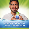 A person smiles while holding a box of Refresh Relieva PF Xtra by Abbvie against a green background. The text reads: XPIRIENCE Fast-Acting, Lasting Dry Eye Relief, with an advanced hydration water graphic at the bottom.
