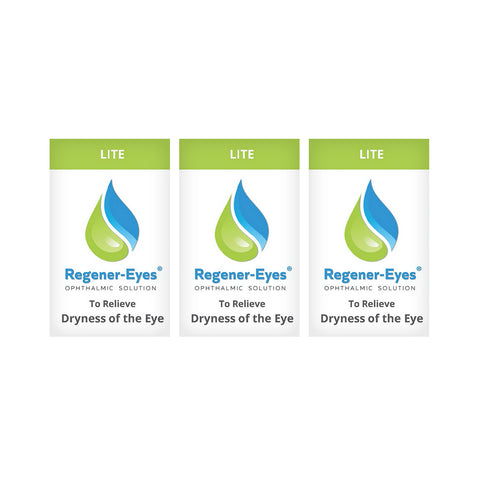 A 3-pack of Regener-Eyes Lite Eye Drops (3 x 3mL, 2-month supply) stands ready with green caps and a blue-green drop logo, effectively relieving eye dryness for lasting comfort.