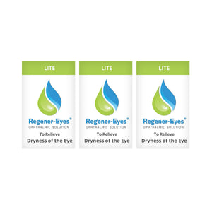 A 3-pack of Regener-Eyes Lite Eye Drops (3 x 3mL, 2-month supply) stands ready with green caps and a blue-green drop logo, effectively relieving eye dryness for lasting comfort.