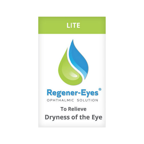 The 3mL bottle of Regener-Eyes Lite Eye Drops, a 3-4 week supply by Regener-Eyes, features a blue and green droplet logo on its sleek packaging, emphasizing its role as an ophthalmic solution for soothing dry eyes.