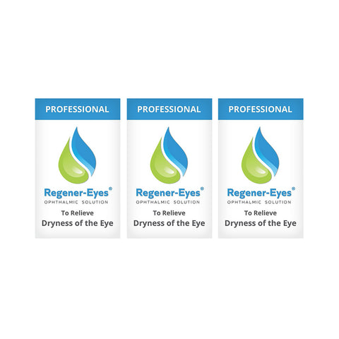 Three identical bottles of Regener-eyes PRO Eye Drops (9mL total, 2-3 month supply), designed for professional use to relieve eye dryness; packaging features a blue and green droplet logo.