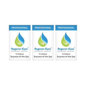 Three identical bottles of Regener-eyes PRO Eye Drops (9mL total, 2-3 month supply), designed for professional use to relieve eye dryness; packaging features a blue and green droplet logo.