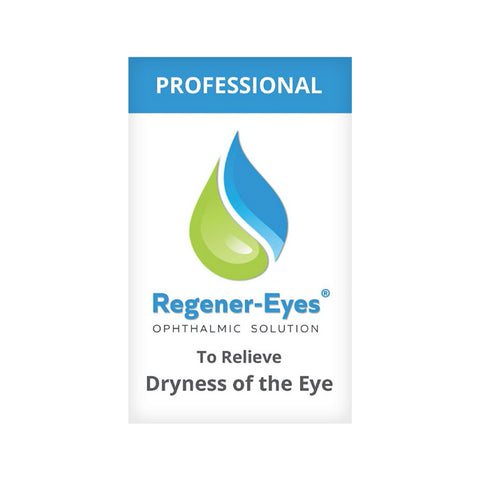 The product label showcases a stylish blue-green drop logo above Regener-eyes PRO Eye Drops, designed to alleviate eye dryness.