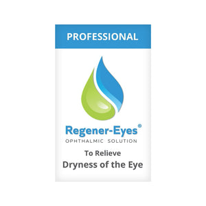 The product label showcases a stylish blue-green drop logo above Regener-eyes PRO Eye Drops, designed to alleviate eye dryness.