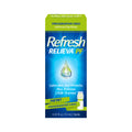 The packaging for Abbvies Refresh Relieva Preservative-Free Lubricant Eye Drops (10mL Multi-Dose Bottle) highlights Preservative-Free benefits in green and blue, showcasing its ability to lubricate, protect, and relieve LASIK-induced dry eyes with a prominent drop image.
