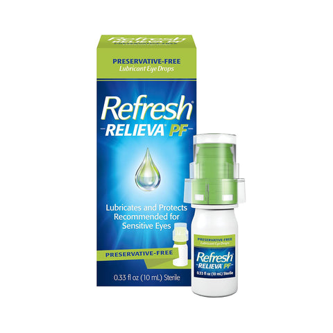 Abbvies Refresh Relieva Preservative-Free Lubricant Eye Drops (10mL Multi-Dose Bottle) come in a green and blue box labeled Preservative-Free and Recommended for Sensitive Eyes, with a small white bottle featuring a green and white cap, offering gentle relief for dry eyes.