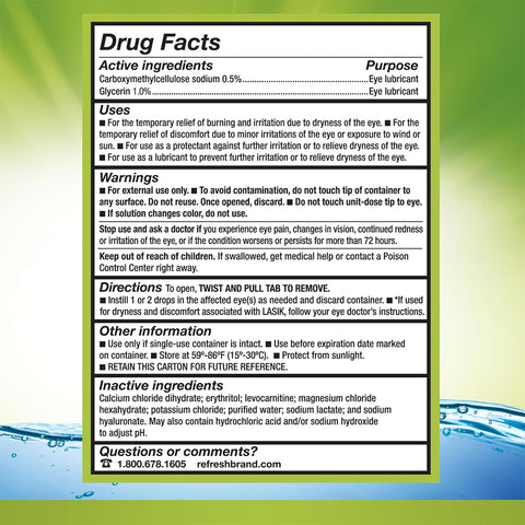 The Refresh Relieva Preservative-Free Lubricant Eye Drops label by Abbvie lists drug facts, active ingredients, uses for dry eyes, warnings, directions, storage details, inactive ingredients, and includes a customer service phone number at the bottom.