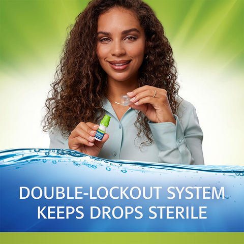 A woman with curly hair in a light blue shirt holds Refresh Relieva Preservative-Free Lubricant Eye Drops (10mL Multi-Dose Bottle) by Abbvie and a cap against a green background. Text reads, DOUBLE-LOCKOUT SYSTEM KEEPS DROPS STERILE.