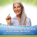 A smiling woman with long gray hair holds a 10mL multi-dose bottle of Refresh Relieva Preservative-Free Lubricant Eye Drops from Abbvie. The text notes the drops are clinically shown to relieve post-LASIK dryness and advises following an eye doctors instructions for best results.