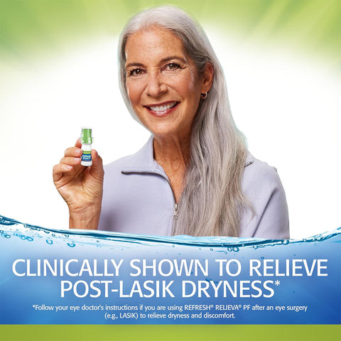 A smiling woman with long gray hair holds a 10mL multi-dose bottle of Refresh Relieva Preservative-Free Lubricant Eye Drops from Abbvie. The text notes the drops are clinically shown to relieve post-LASIK dryness and advises following an eye doctors instructions for best results.