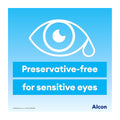 A white eye with a teardrop is illustrated on a blue background. Below, Preservative-free Eye Drops for sensitive eyes appears in white text on blue boxes. Systane Hydration PF Lubricant Eye Drops, infused with Sodium Hyaluronate for relief, are by Alcon, noted in the bottom right corner.