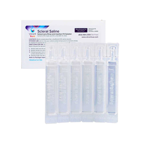 Vibrant Vue Saline Lens Rinse and Insertion Fill Solution by Visionary Optics features 100 preservative-free vials. The packaging, including a white box, offers sterile protection with usage details and contact information.