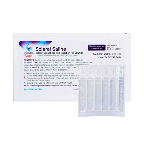 The Vibrant Vue Saline Lens Rinse and Insertion Fill Solution by Visionary Optics comes in a 100-vial box. Its a 100% preservative-free, FDA-approved saline solution with transparent vials featuring clear markings and secure caps, ideal for sterile care of scleral lenses.