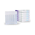 Several small clear plastic vials of Visionary Optics Vibrant Vue Saline Lens Rinse and Insertion Fill Solution, 100% preservative-free, are lined up next to a stack of boxed packages labeled Live Life Vibrantly, all neatly arranged on a white background, representing FDA-approved quality.