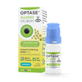 A box and bottle of Optase Allegro Eye Drops for allergy related dry eye symptoms (10mL) are shown, highlighting preservative-free lubricating drops providing instant relief for itchy, dry eyes. The 10ml bottle with a blue cap emphasizes hydration and quick relief from environmental irritants.
