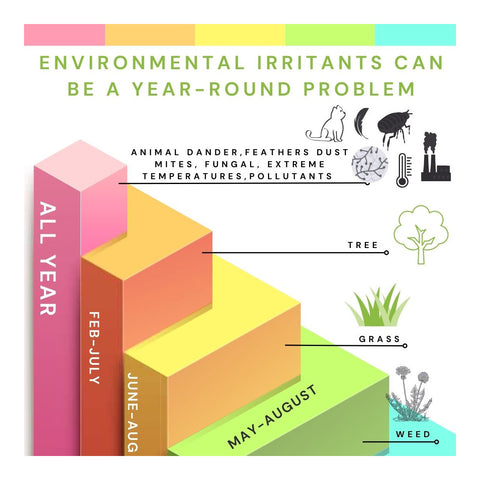A chart titled Environmental Irritants Can Be a Year-Round Problem uses symbols for allergens like trees and grass to highlight periods such as Feb-July and June-Aug. It pairs perfectly with Optase Allegro Eye Drops (10mL) for allergy-related dry eye symptom relief.