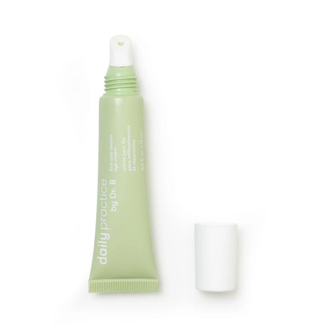 A light green tube of Daily Practice Firm & Restore Eye Cream by Daily Practice is shown with the white cap off, exposing the applicator tip. Enriched with hyaluronic acid to smooth fine lines, it lies on a plain white background.