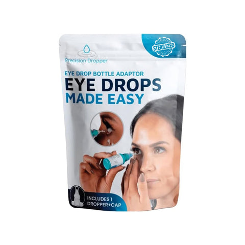 A package labeled Precision Dropper Eye Drop Assist Device by Precision Dropper shows a woman using the mess-free adapter; it includes 1 precision dropper and cap, has a sterilized seal, reduces waste, and is compatible with most bottles.