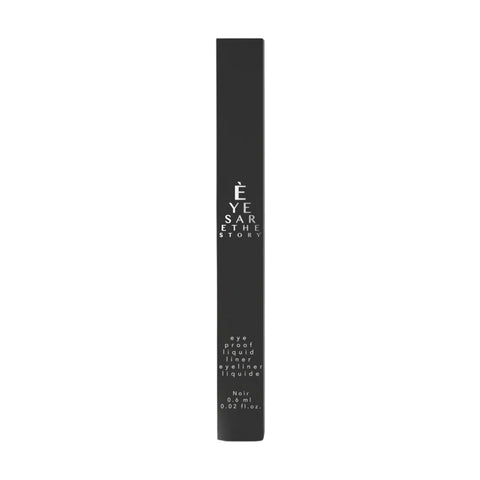 A black box labeled Eyes are the Story contains a precision eyeliner package with Eye Proof Liquid EyeLiner, noted as Noir, 0.6 ml, 0.02 fl oz, showcasing eye science innovation.