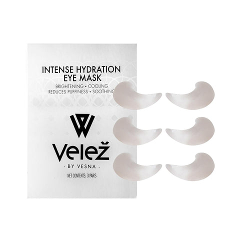 Image of a Velez Intense Hydration Under Eye Cellulose Cooling Mask (3 Pairs) package with six patches. This treatment offers benefits like brightening, cooling relief, puffiness reduction, and soothing.
