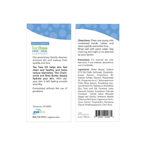 Two labeled bottles of EyeEco Gentle Formula Tea Tree Eyelid & Facial Cleanser (1.69oz & 6.09oz) from PRN feature benefits, directions, precautions, and ingredients. Perfect for sensitive skin and effective eyelid hygiene with contact info and barcode visible. Located in Temecula, CA.
