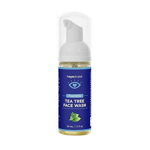The Heyedrate Foaming Tea Tree Face Wash by PRN is a 1.7 oz white bottle enriched with botanical ingredients, featuring an eye logo and green leaf on a blue background. Ideal for those in need of an eyelid cleanser.