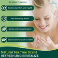 A woman smiles, holding water in her hands. On the left, features of Novehas Demodex Eyelid Cleanser Foam are highlighted: No Added Fragrance, Restores Comfort and Health, Fast Relief with Tea Tree Oil, Gentle and Hypoallergenic, Quickly Soothes Demodex Discomfort.