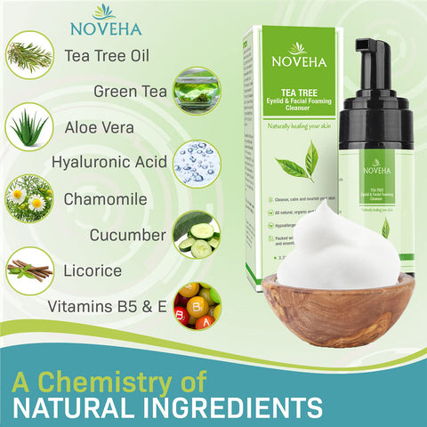 Image of Noveha Tea Tree Oil Foaming Cleanser for Eyelids (100mL) in a pump bottle with packaging, surrounded by icons of Tea Tree Oil, Green Tea, Aloe Vera, and vitamins. This hypoallergenic cleanser provides gentle care with soothing chamomile and cucumber essence.