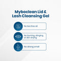 The infographic titled MyboClean Hydrating Lids and Lash Cleansing Gel details features: no tea tree oil, no burning or skin drying, and no strong smell. Enriched with aloe vera for soothing care, this gel offers gentle hydration to refresh your eyes in a 1-year supply (2 pc).