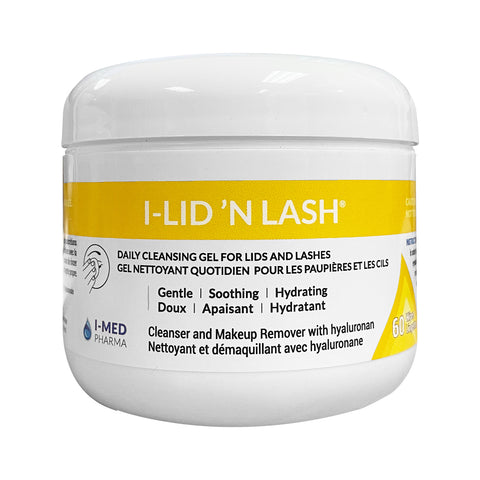 White container of I-Med Pharmas I-LID N LASH® Wipes—60 pre-moistened pads for sensitive skin. Its label highlights a gentle, hydrating formula with hyaluronan to soothe dry eyes. Bilingual text available in English and French.