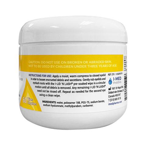 The I-LID ’N LASH® Wipes by I-Med Pharma come in a white jar with instructions and ingredients. Designed for sensitive eyes, not suitable for broken skin or children under three. Contains 60 wipes, perfect for soothing dry eyes. Brand contact info included.