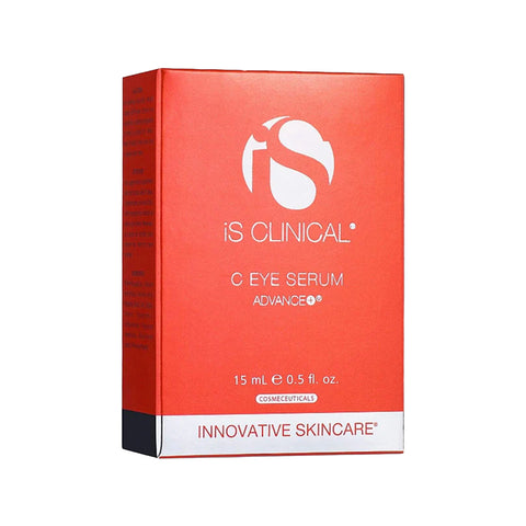 The iS Clinical C Eye Serum Advance+ for age-defying and hydrating skin comes in a red rectangular box with white text displaying the product name and size (15mL 0.5 fl.oz.). It features Tripeptide-1 and L-Ascorbic Acid, labeled with Innovative Skincare on the bottom.