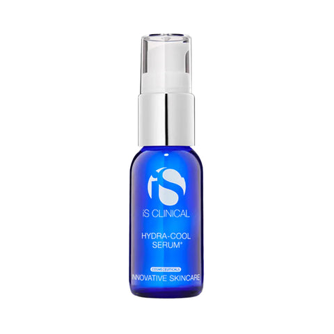 The iS Clinical Hydra-Cool Serum (15mL) features a blue bottle with a clear plastic pump, promising deep hydration and enriched with antioxidants. The brands logo and product name in white text stand out elegantly against the silver cap and white background.