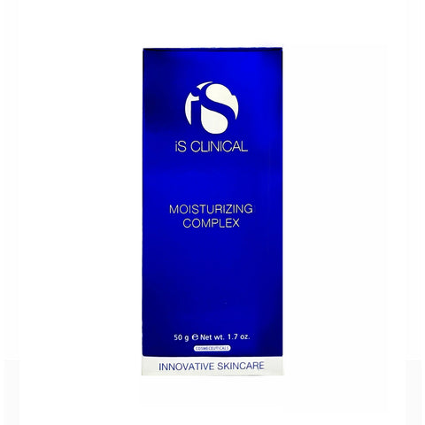 A blue rectangular box with white text shows the iS Clinical Moisturizing Complex for Face and Neck (50g or 1.7oz) at the center, featuring a hydrating antioxidant-rich formula. The logo displays stylized iS letters, with INNOVATIVE SKINCARE at the bottom.