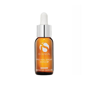 A centered brown glass dropper bottle labeled iS Clinical Pro-Heal Serum Advance+, with a white cap, provides Vitamin C benefits for sensitive skin. The label includes Innovative Skincare and is set against a pristine white background.