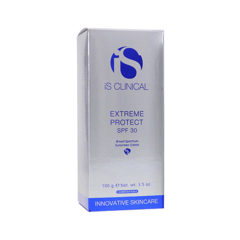 The iS Clinical Extreme Protect SPF 30 Sunscreen comes in a silver box with blue text and logo, featuring the label Broad Spectrum Sunscreen Creme. It offers broad spectrum protection and has a net weight of 100g or 3.5 oz.