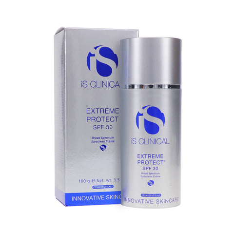 A 100g or 3.5oz iS Clinical Extreme Protect SPF 30 Sunscreen is showcased in its silver packaging with blue text and logos, emphasizing its broad spectrum protection.