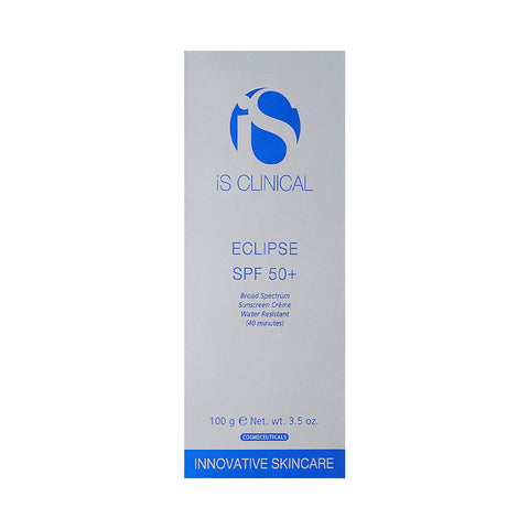 The packaging of iS Clinical Eclipse SPF 50+ (3.5oz 100g) features a silver box with blue text, emphasizing broad-spectrum UV protection and 40 minutes of water resistance, with Innovative Skincare on the bottom—an excellent choice among physical sunscreens.